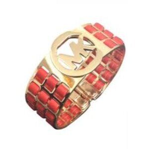 Vintage, MICHAEL KORS, Logo Clamper Bracelet, Red Leatherette, Gold Tone